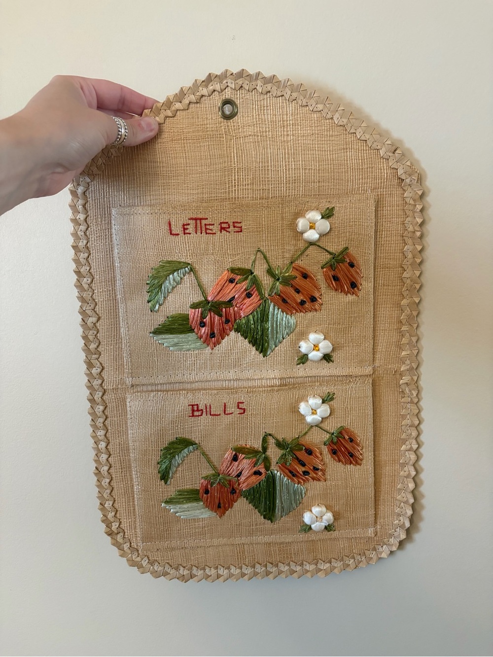 Vintage Hand-Embroidered Straw Wall Pouch - Strawberry Motif in Orange & Green
